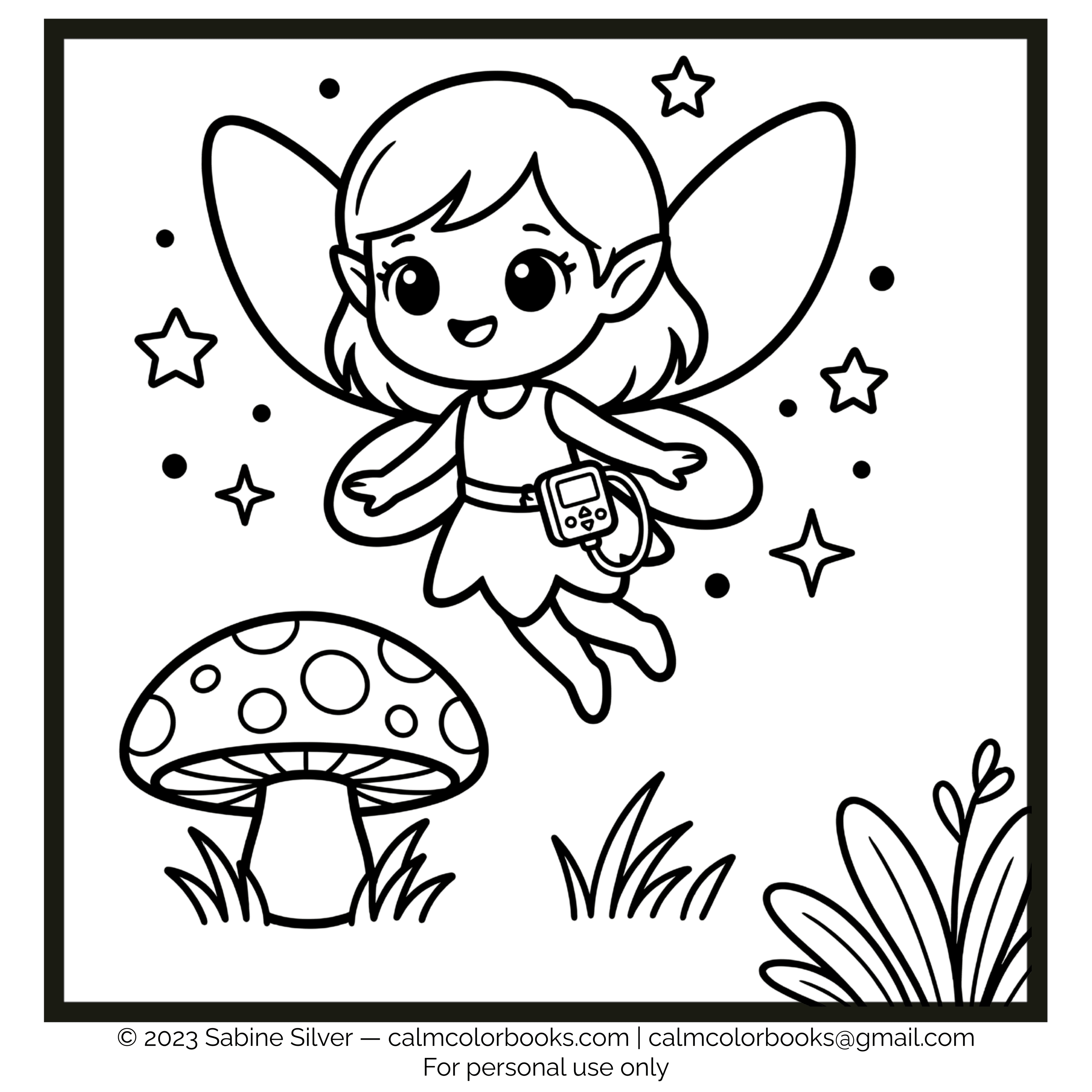 Thumbnail for Elf with insulin aid flying free cozy coloring page