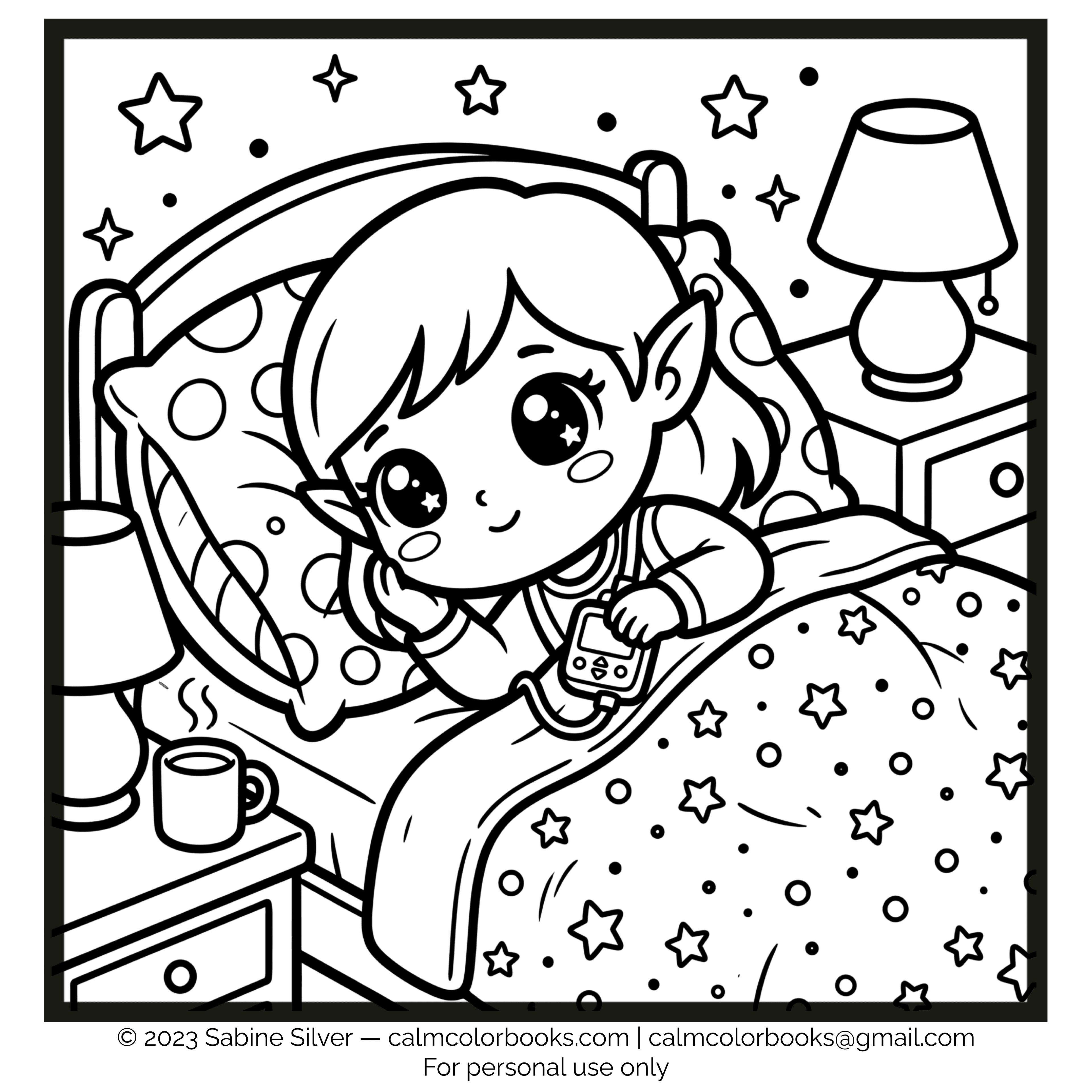 Thumbnail for Elf with insulin aid in bed 01 free cozy coloring page