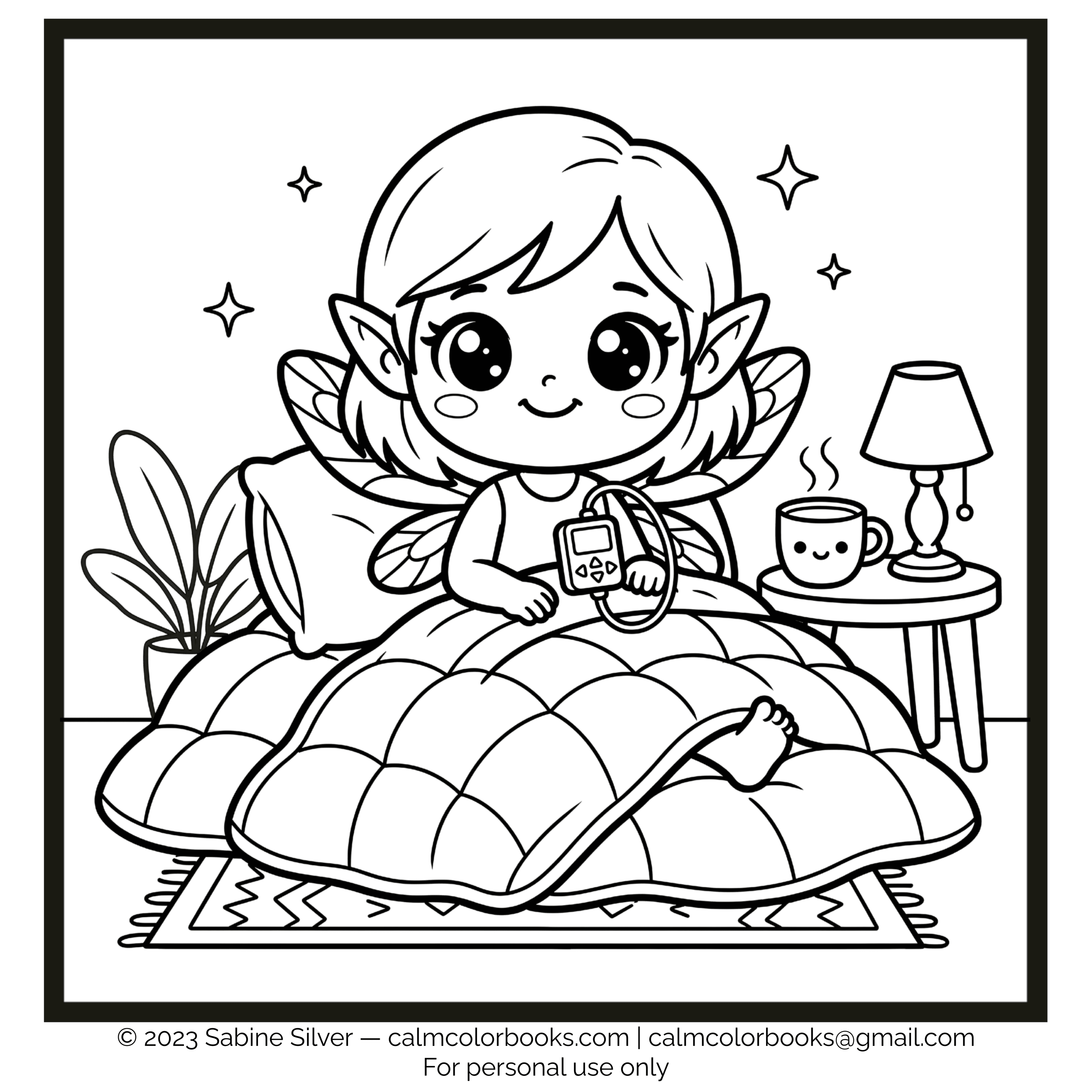 Thumbnail for Elf with insulin aid in bed free cozy coloring page