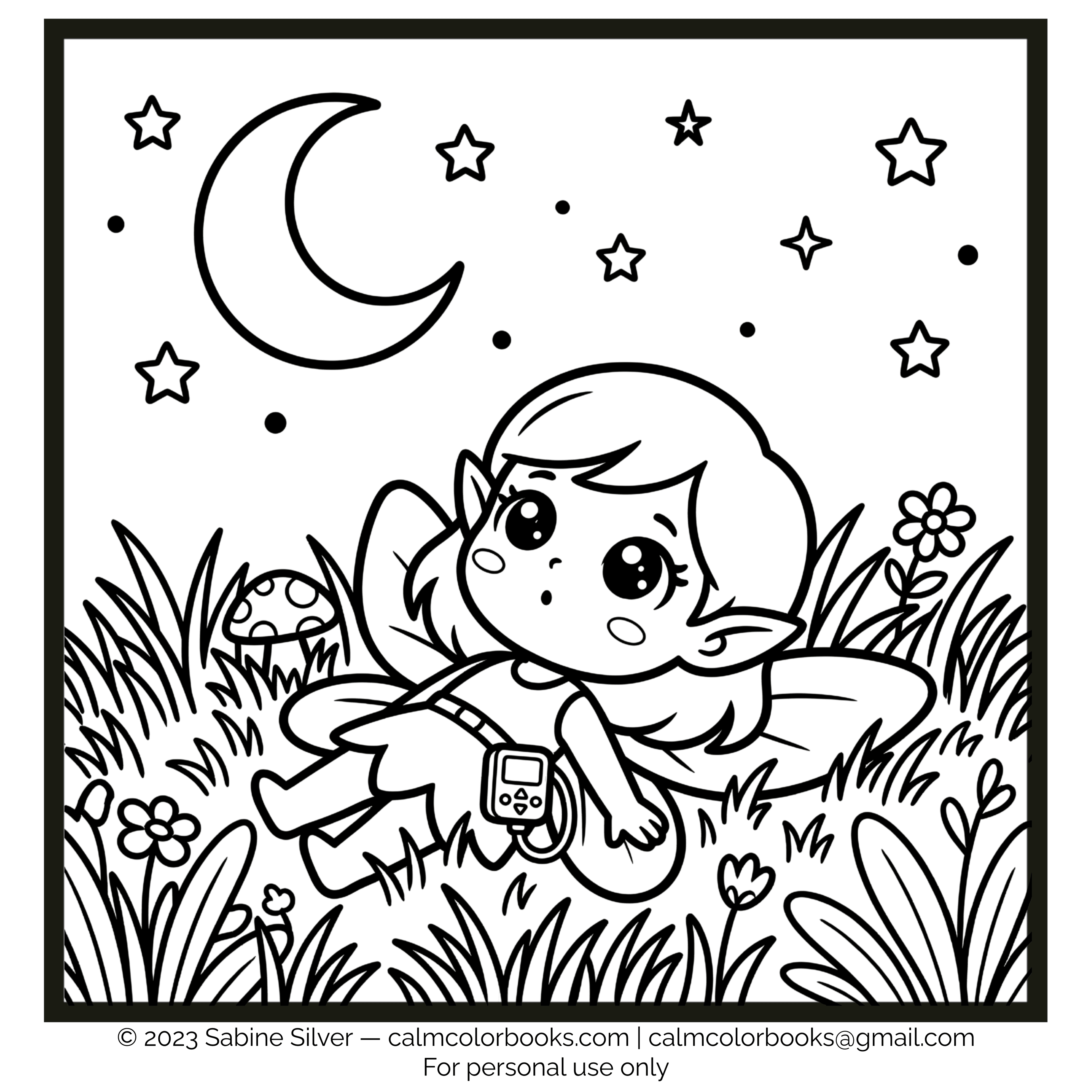 Thumbnail for Elf with insulin aid looking at the stars free cozy coloring page