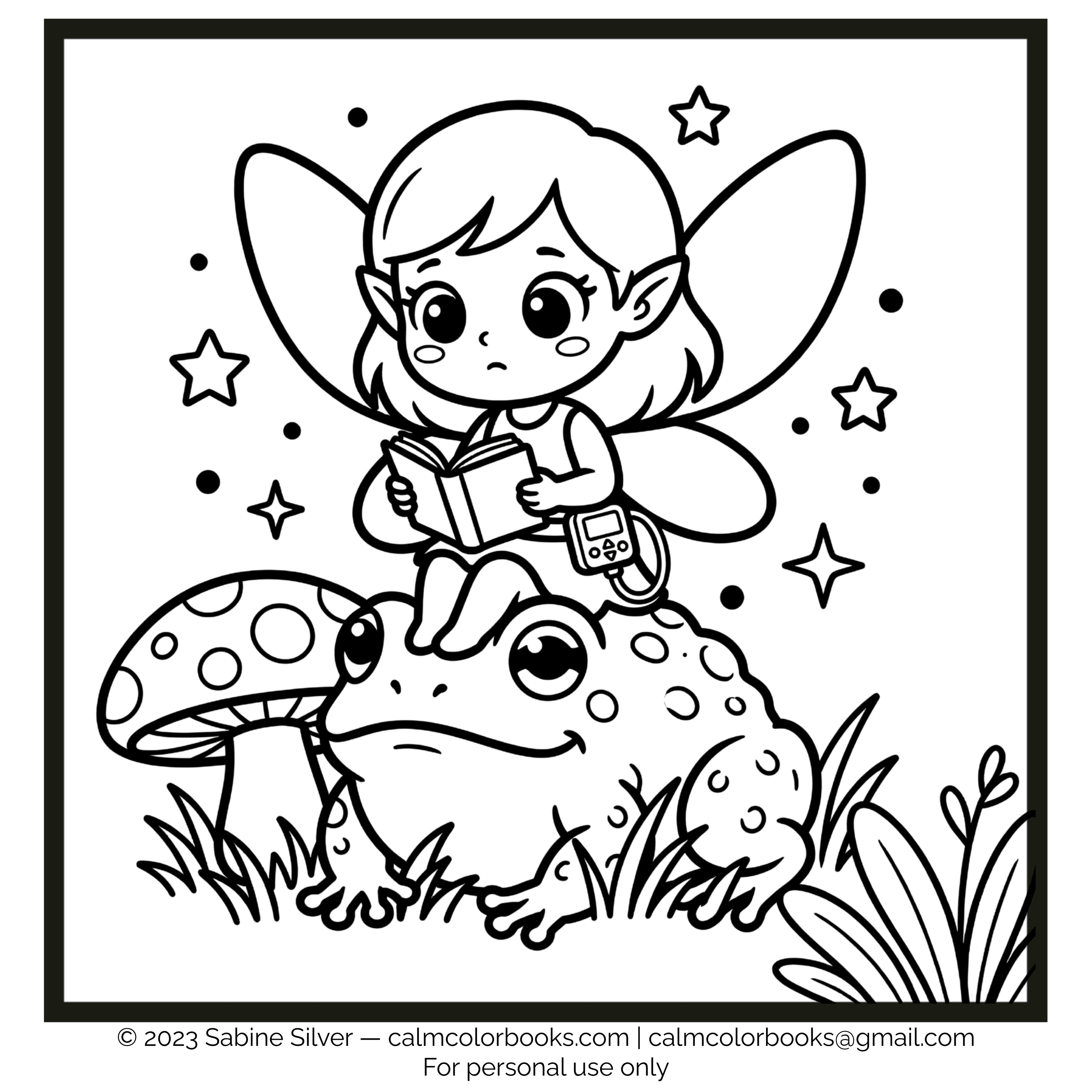 Thumbnail for Elf with insulin aid reading on a toad free cozy coloring page
