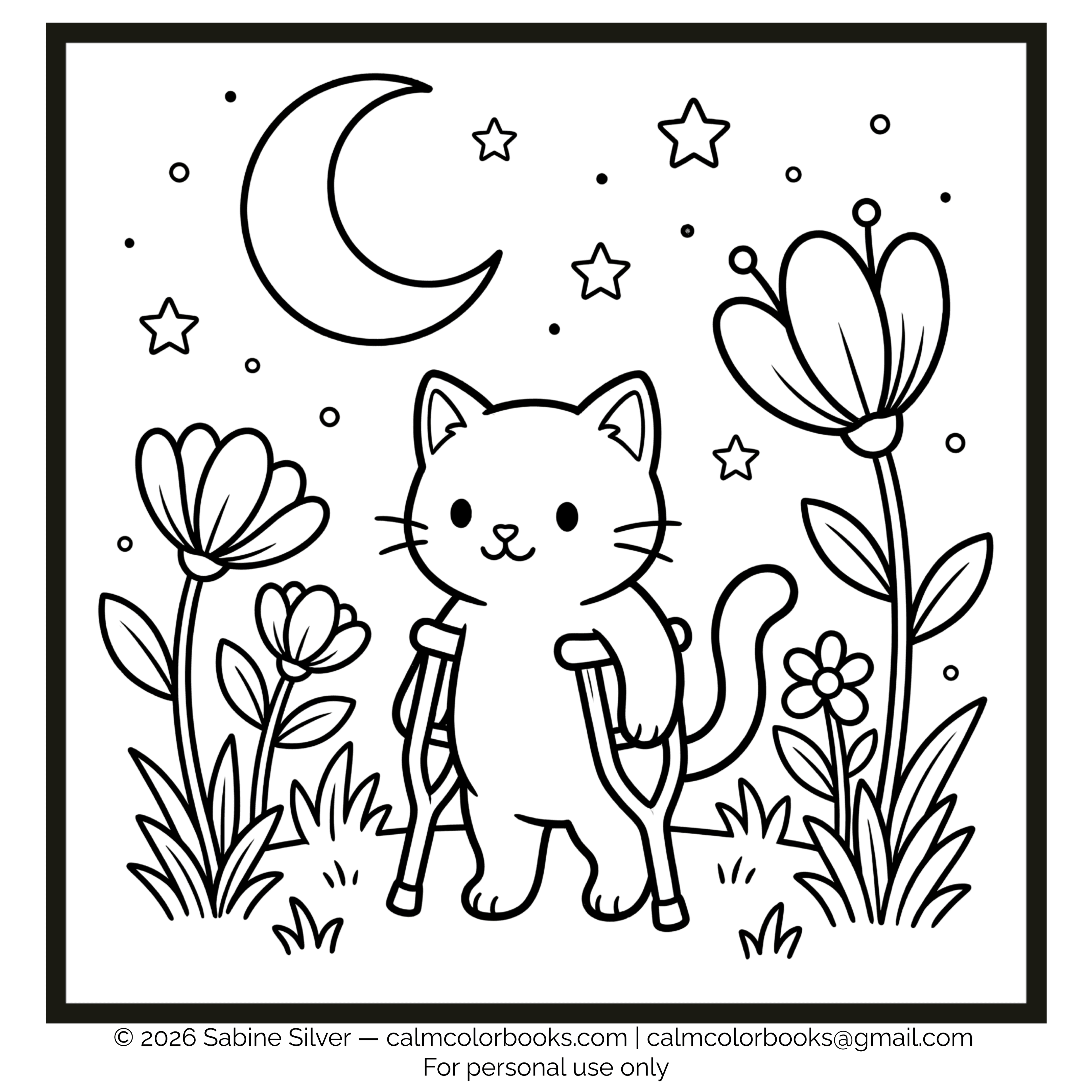 Thumbnail for cat using crutches free cozy coloring page