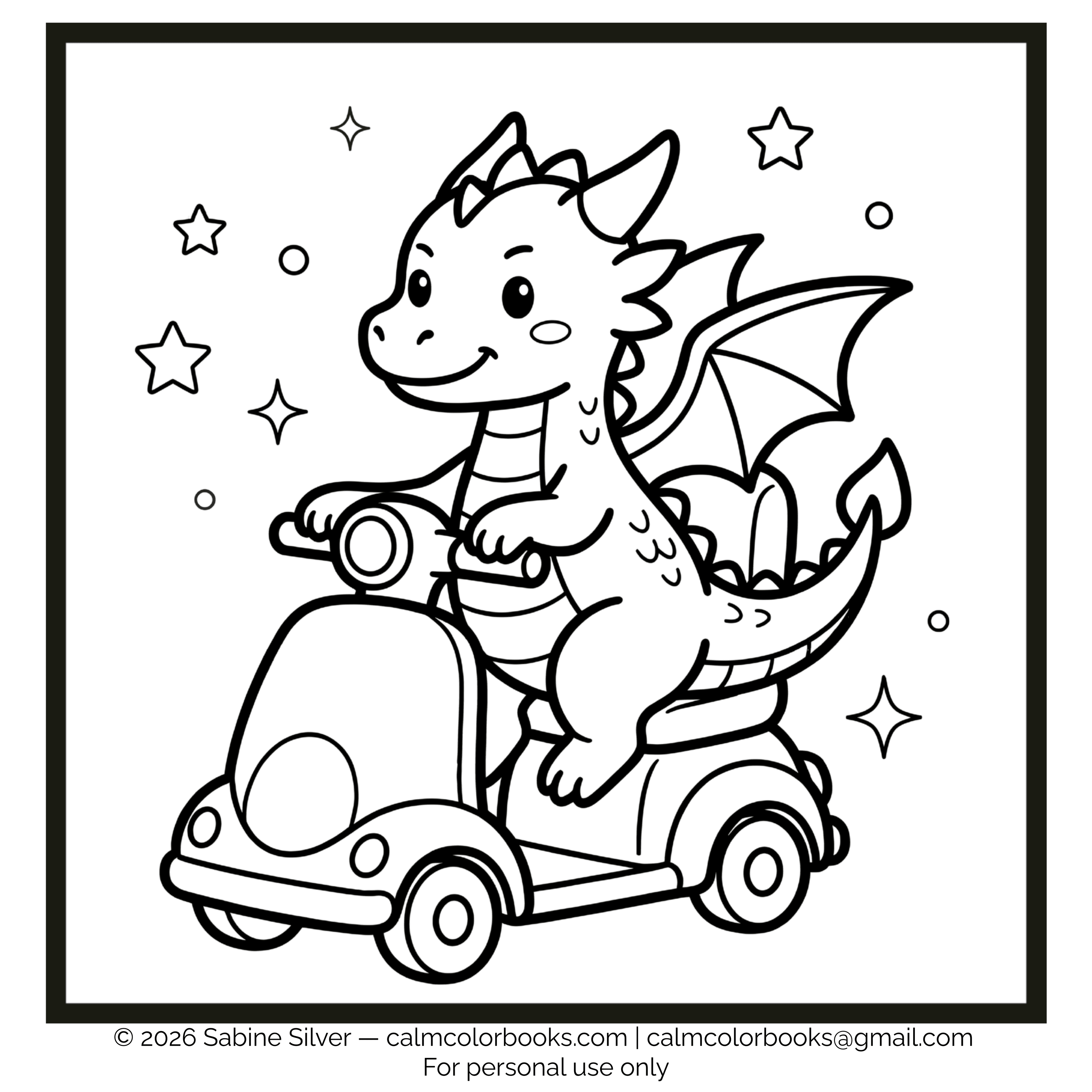 Thumbnail for dragon on mobility scooter free cozy coloring page