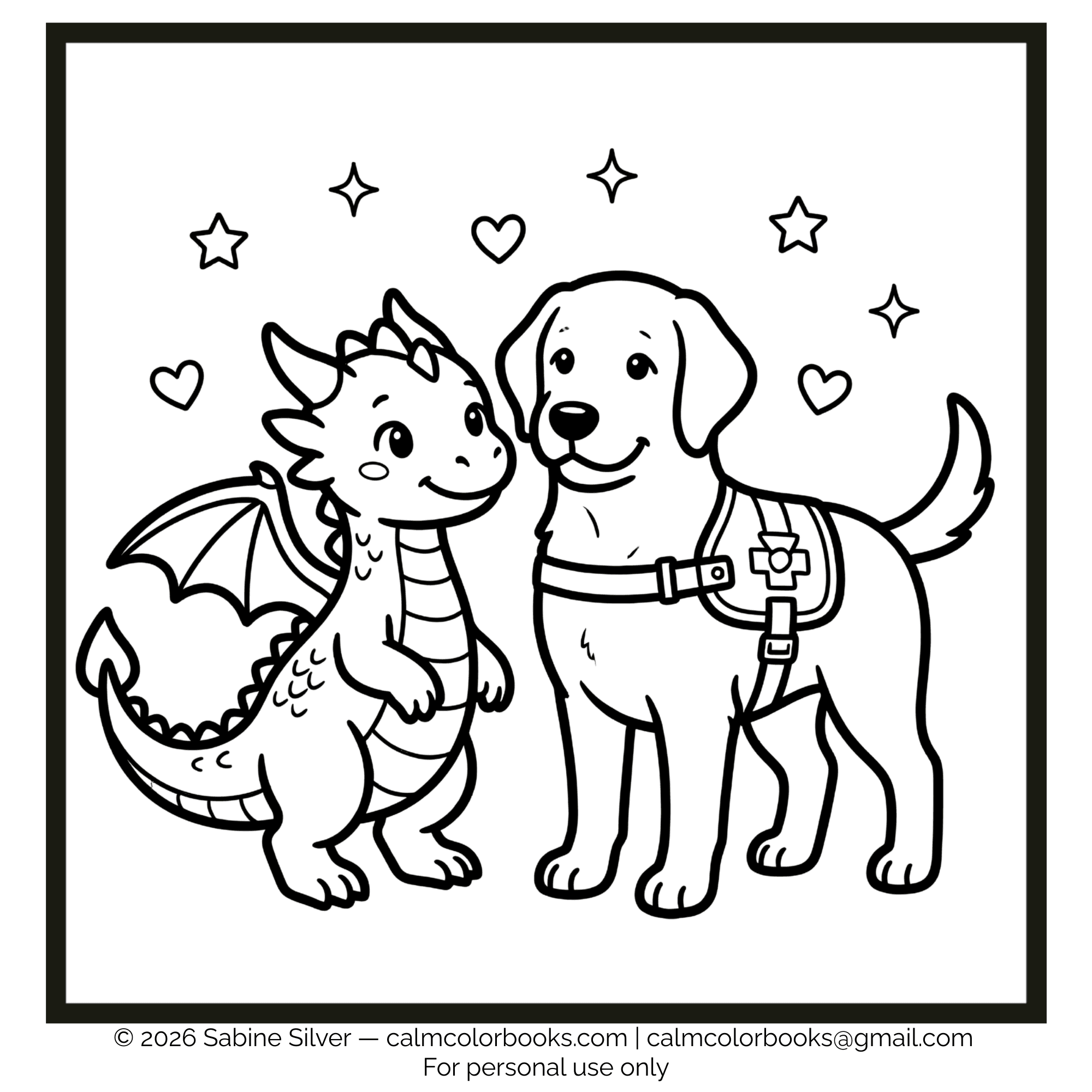 Thumbnail for dragon with his service dog free cozy coloring page