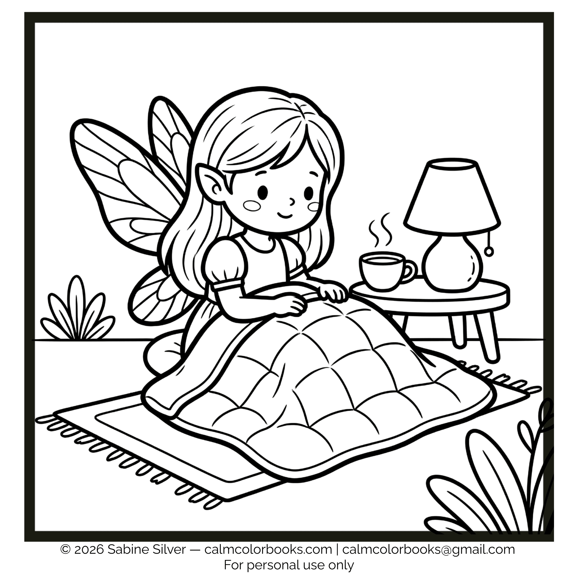 Thumbnail for Elfje onder verzwaringsdeken free cozy coloring page