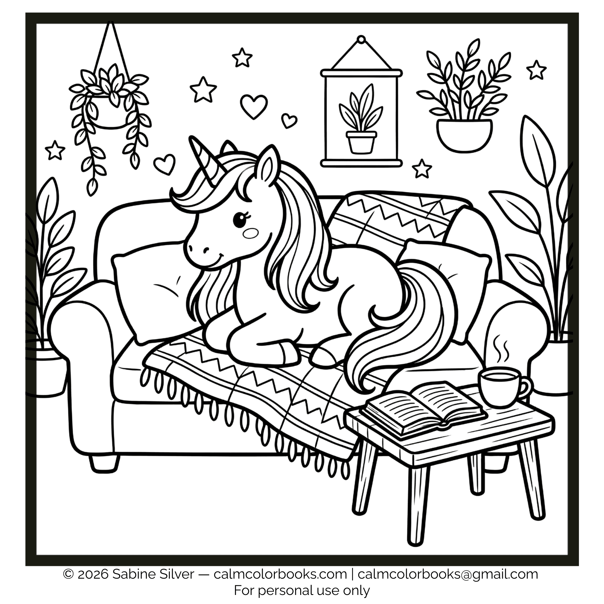 Thumbnail for Unicorn resting on couch free cozy coloring page